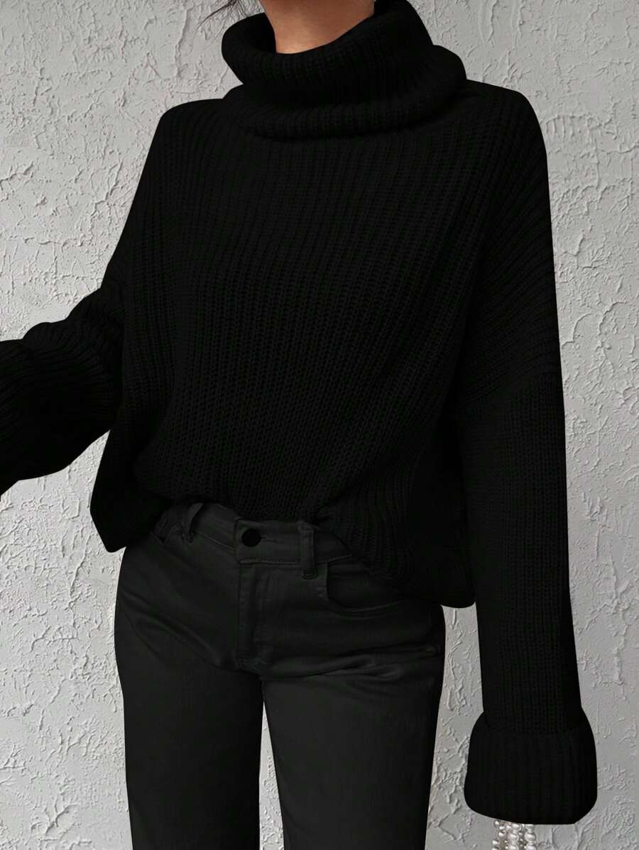 EURMUSE Solid Color Turtleneck Batwing Sleeve Sweater Fall - Black - View 1