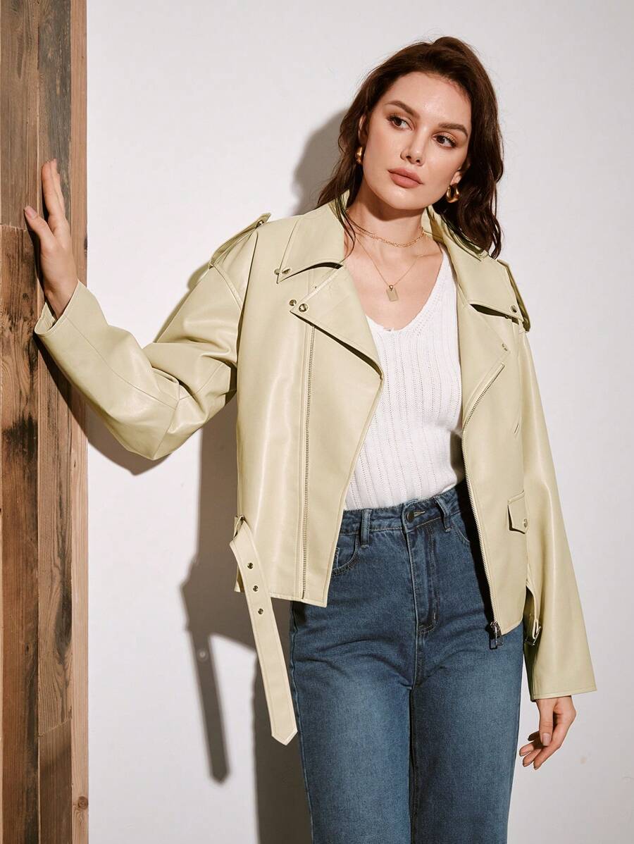 Anewsta 落肩袖腰帶PU皮革機車夾克