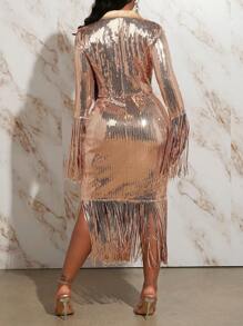 Slaydiva Fringe Trim Sequin Shirt Dress - Gold - View 2