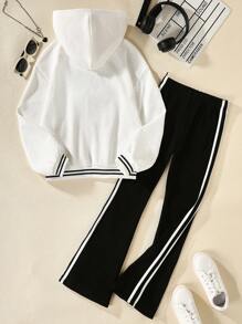 SHEIN Conjunto Casual De Sudadera Con Capucha Y Pantalones Acampanados Impresos Para Chicas Pre-adolescentes