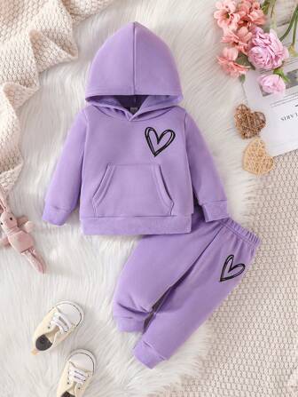 Baby Mädchen Herz Druck Känguru-taschen Hoodie Und Sweatpants