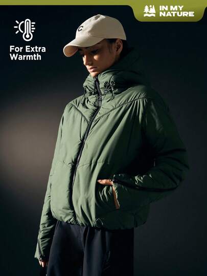 Solid Zipper Up Drawstring Detail Padded Coat