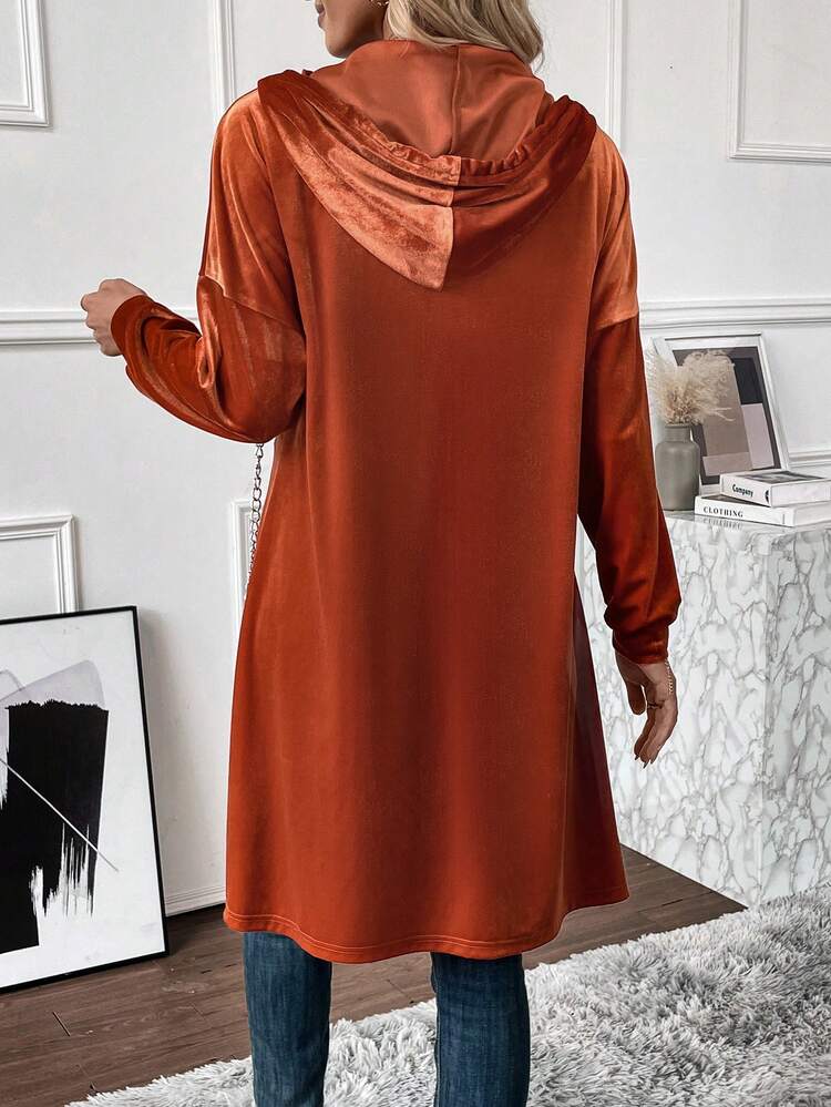 Chain Detail Drop Shoulder Hooded Velvet Coat Fall Cloth For Women