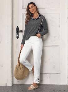 SHEIN LUNE Button Hem Straight Leg Jeans - White - View 6