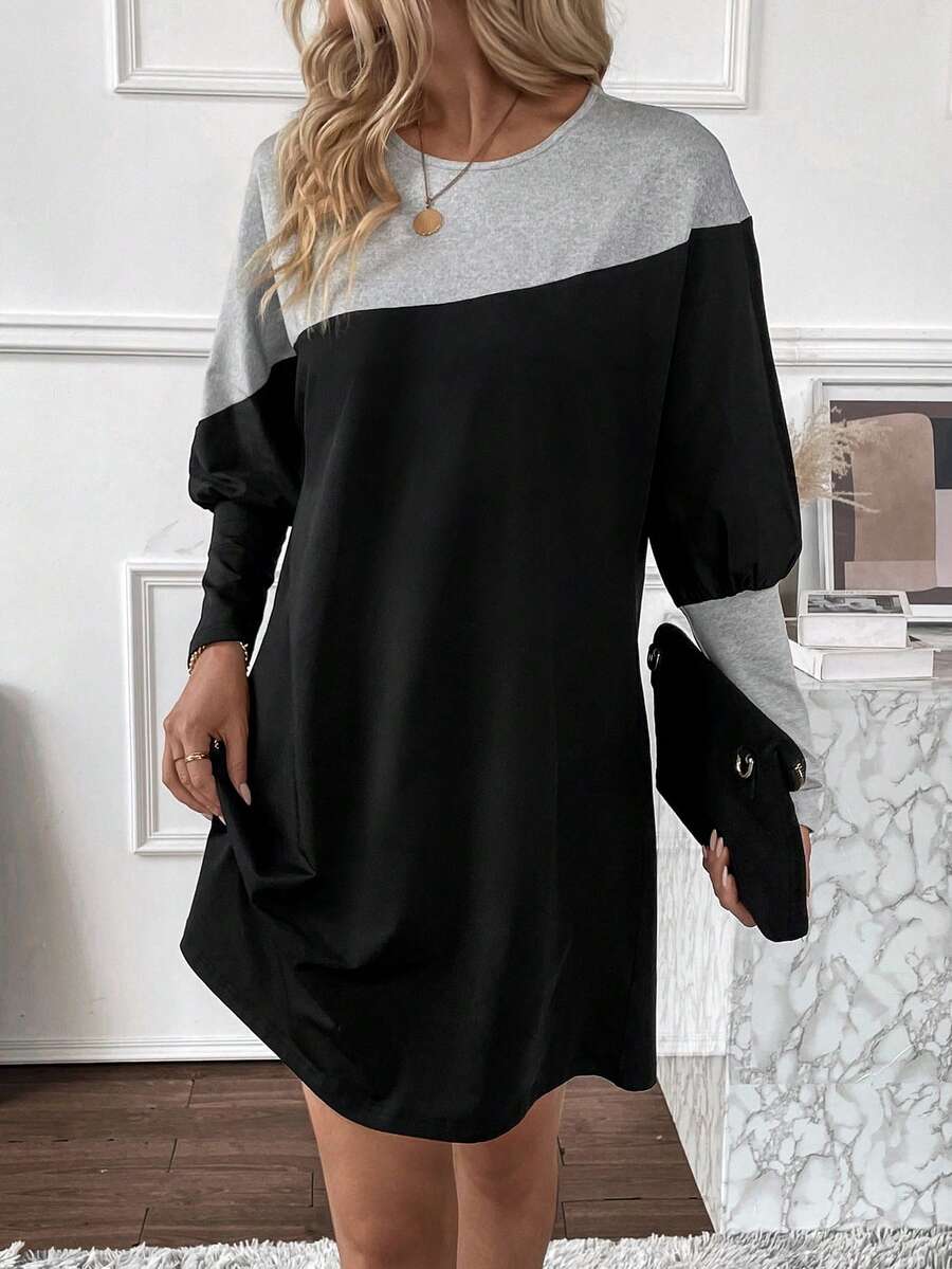 SHEIN LUNE Two Tone Gigot Sleeve Tee Dress - Multicolor - View 1