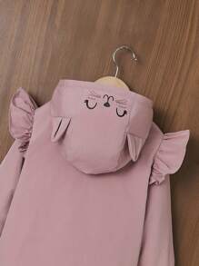 女小童卡通圖案荷葉邊毛絨襯裡連帽外套 - 粉色 - 查看 7