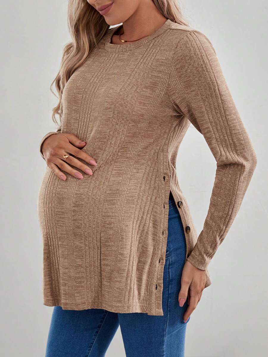 SHEIN Bên Single-breasted Nút Thiết kế Áo chui đầu Tay áo dài Thai sản Áo thun - Màu Khaki - Xem 1