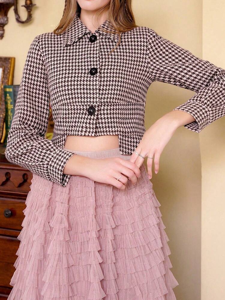 Houndstooth Print Button Front Crop Overcoat Fall Cloth For Women