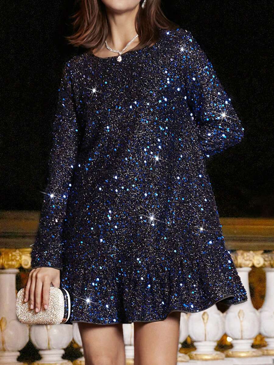 SHEIN Frenchy Ruffle Hem Tunic Sequin Dress Sparkly Dress Winter Party Glitter Black Spring Shiny