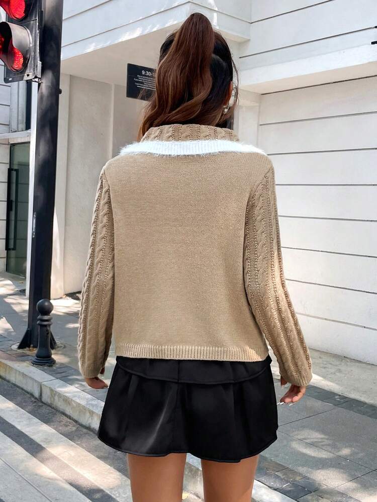 Tie Front Contrast Trim Cable Knit Cardigan Fall Cloth For Women