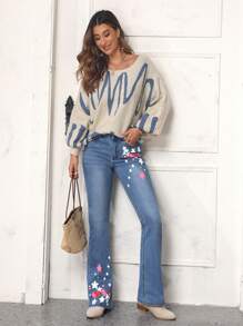 SHEIN LUNE Floral Print Flared Jeans