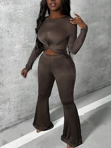 Slaydiva Twist Front Crop Tee & Flare Leg Pants - Brown - View 3