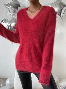 Chiquease V Neck Fluffy Knit Drop Shoulder Sweater - Red - View 6