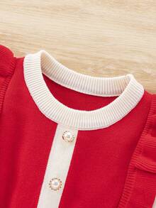 SHEIN Young Girl Two Tone Ruffle Trim Button Front Pleated Hem 2 In 1 Sweater Dress - Red - View 3