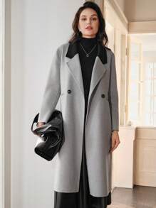 Anewsta Contrast Collar Double Button Overcoat - Silver - View 4