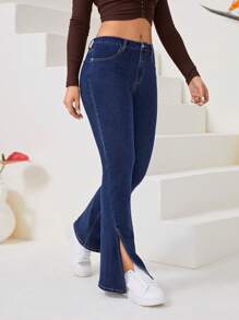 SHEIN Privé 下擺開叉牛仔喇叭褲 - 深色水洗藍 - 查看 4