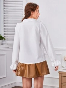 少女荷葉邊飄蕩袖上衣 - 白色 - 查看 2