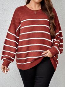 EMERY ROSE Plus Striped Pattern Drop Shoulder Sweater - Red - View 3