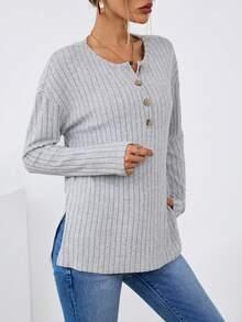 SHEIN LUNE Button Front Drop Shoulder Tee - Light Grey - View 4