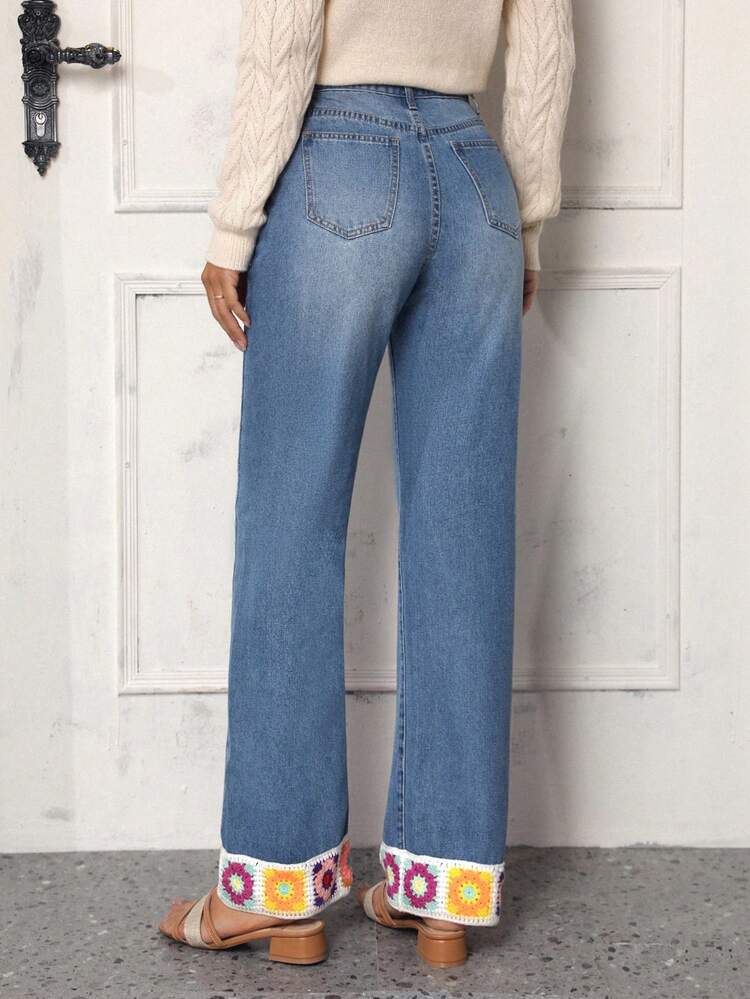 Floral Embroidery Straight Leg Jeans
