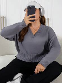 SHEIN EZwear Hơn Thả vai Rách Áo len - Màu xanh lam - Xem 1