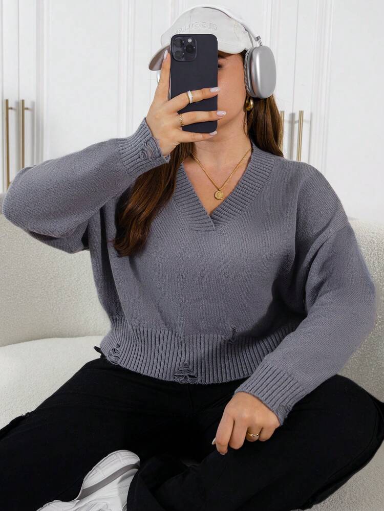 Plus Drop Shoulder Ripped Sweater