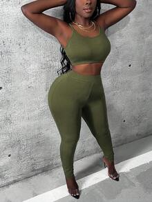 SHEIN Slayr 女士纯色吊带背心、打底裤和外套三件套 - 軍綠色 - 查看 6