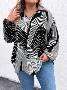 SHEIN LUNE 女士大尺碼條紋印花襯衫 - 黑與白 - 查看 5