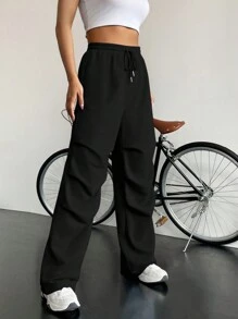 SHEIN Unity Chất rắn Eo dây rút Quần thể thao - màu đen - Xem 4