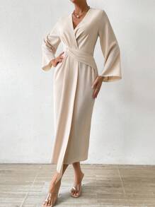 Chiquease Solid Twist Front Wrap Dress - Beige - View 6