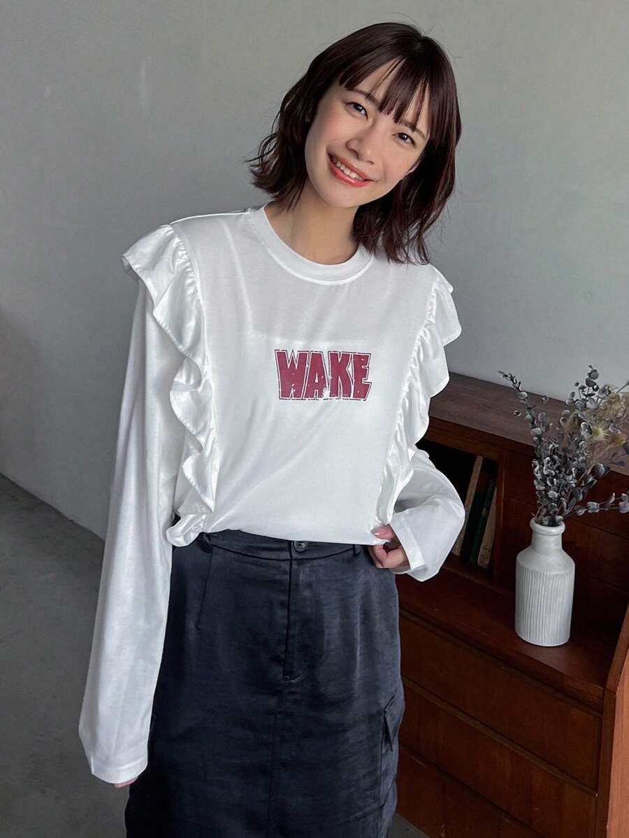 FRIFUL 字母图案荷叶边长袖T恤女式上衣 - 白色 - 查看 1