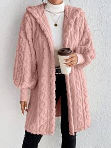 SHEIN Frenchy Solid Color Lantern Sleeve Hooded Plush Jacket - Dusty Pink - View 4