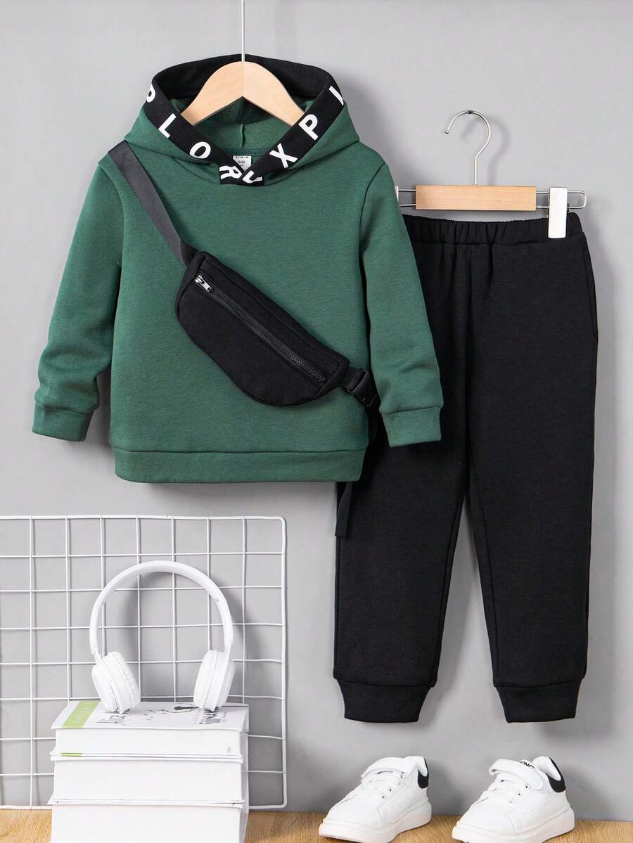 SHEIN 男小童字母圖案連帽衫和運動褲&包