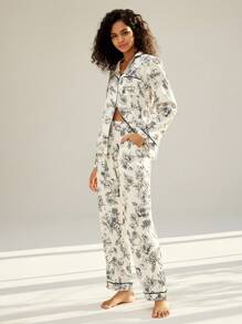 LUVLETTE 缎面花卉纽扣式上衣和裤子女士睡衣套装 - 黑與白 - 查看 5