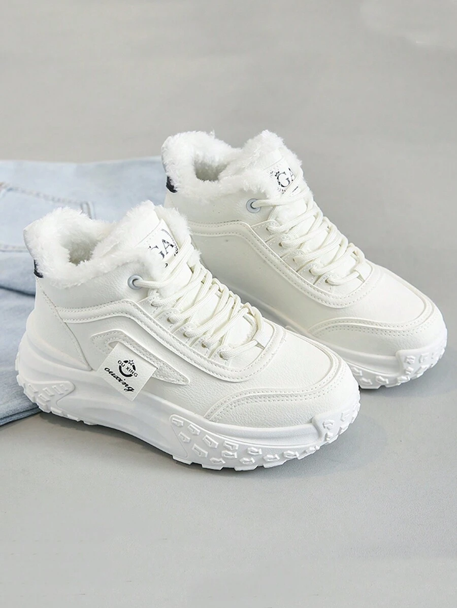 女性冬季保暖絨面高筒ins風格學生休閒運動鞋 - 白色 - 查看 1