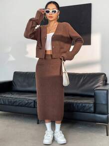 SHEIN Essnce Solid Button Front Cardigan & Knit Skirt - Coffee Brown - View 4