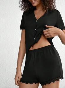 Ladies' Lace Patchwork Pajama Set - Black - View 1