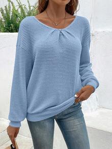 SHEIN VCAY Chèn ren Guipure Thả vai Áo nỉ - Màu xanh bụi bặm - Xem 5