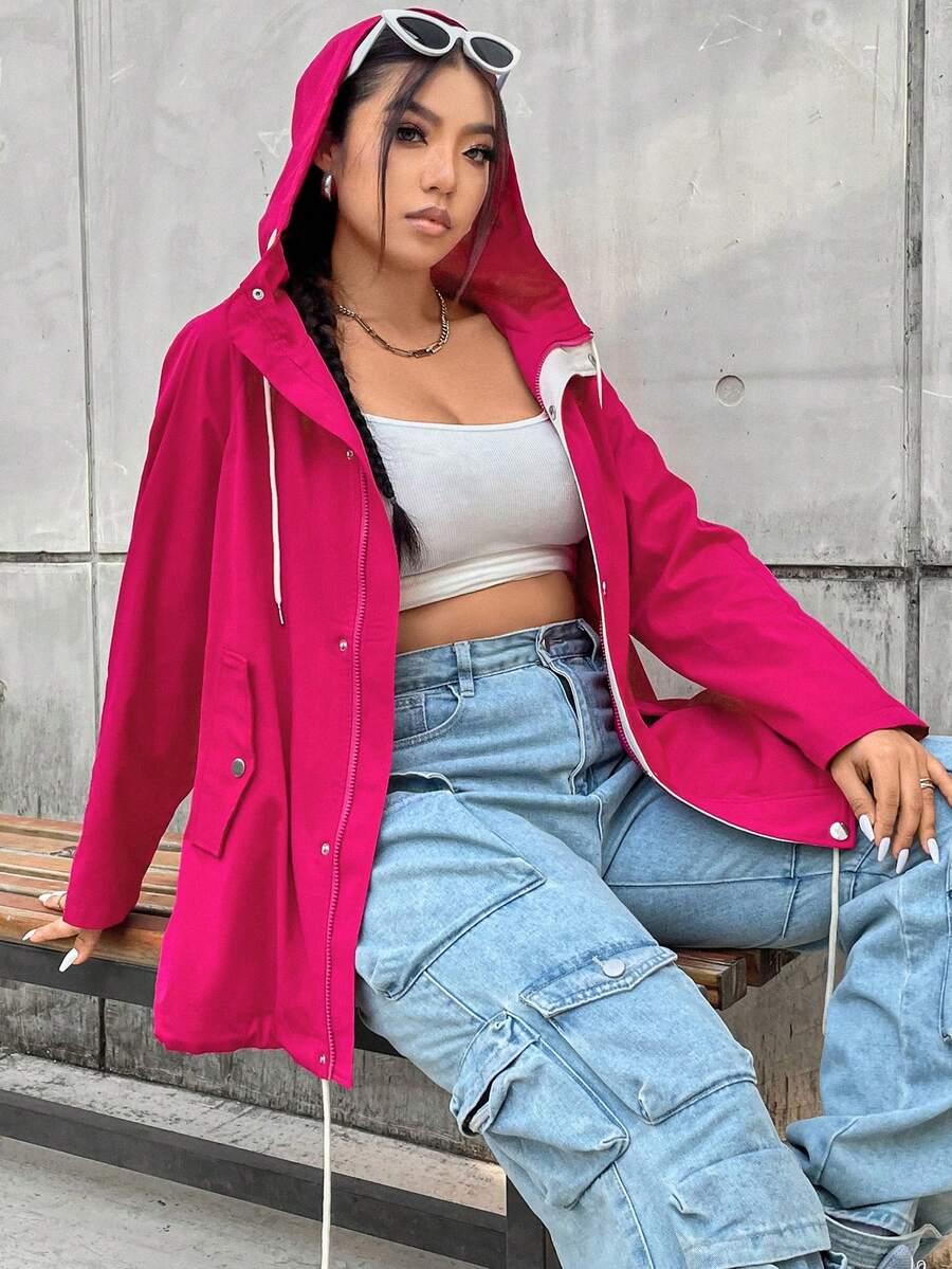 Flirla 大碼腰部抽繩連帽外套 - 玫紅色 - 查看 1