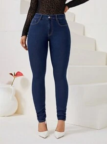 SHEIN Privé 斜口袋緊身牛仔褲 - 深色水洗藍 - 查看 1