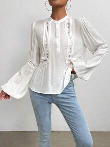 SHEIN Essnce Guipure Lace Insert Lantern Sleeve Blouse - White - View 5