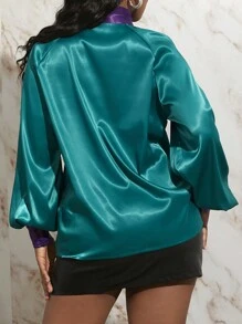 Slaydiva Tie Neck Lantern Sleeve Satin Blouse - Multicolor - View 1