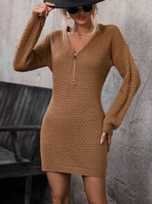SHEIN Essnce Quarter Zip Drop Shoulder Sweater Dress - Brown - View 5