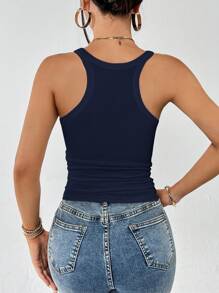 SHEIN Essnce Viền không đối xứng Racerback Áo ba lỗ - Màu xanh hải quân - Xem 2