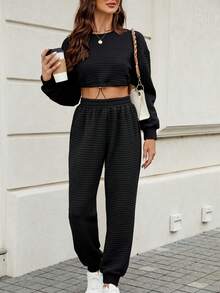 SHEIN EZwear 女性素色抽繩下擺落肩袖九分上衣和長褲套裝 - 黑色 - 查看 3