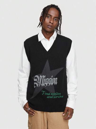 Street Life Chaleco Tejido Para Hombre Con Patrón De Letras Y Estrellas