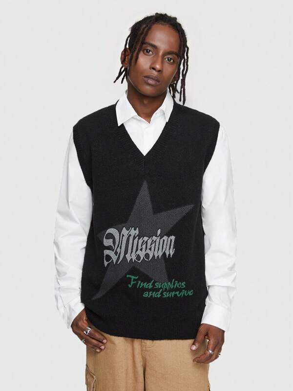 ROMWE MEN Street Life Men Knitted Sweater Vest With Letter And Star Pattern