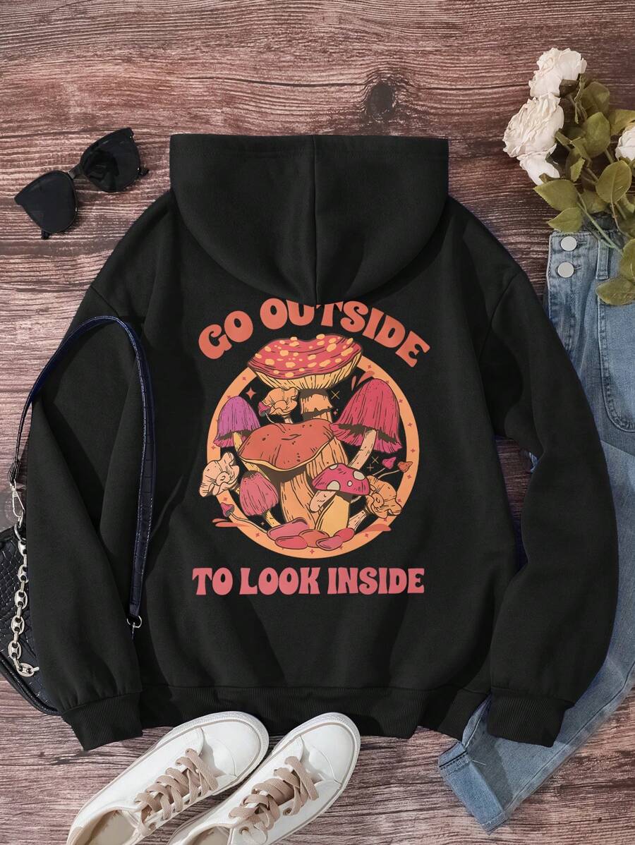 SHEIN EZwear Mushroom & Letter Print Drop Shoulder Hoodie With Drawstring - Black - View 1