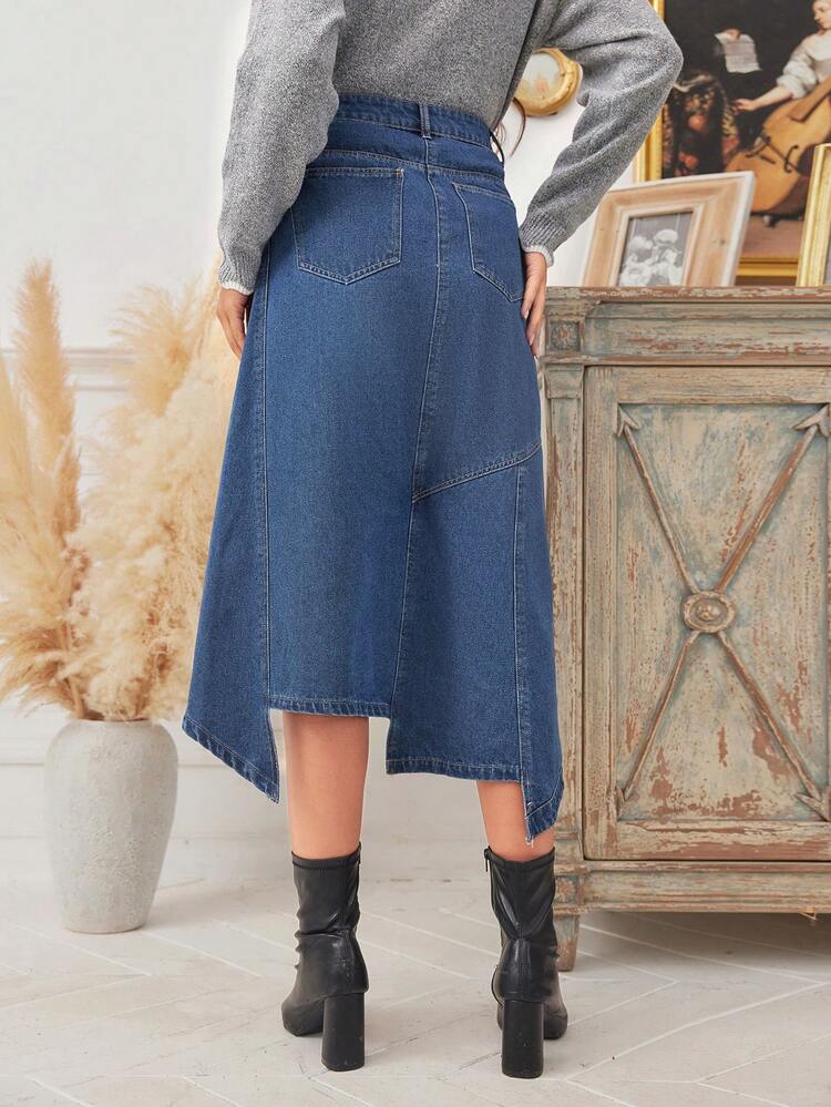 High Waist Asymmetrical Hem Denim Skirt