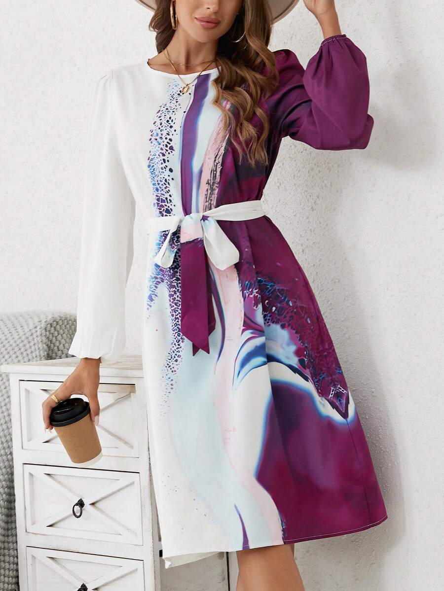 SHEIN LUNE 圖案印花燈籠袖繫腰帶洋裝 - 紫色 - 查看 1